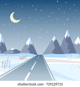 Vector illustration in flat style: Winter mountains landscape with road, pine, christmas tree and clear starry sky with stars and month.