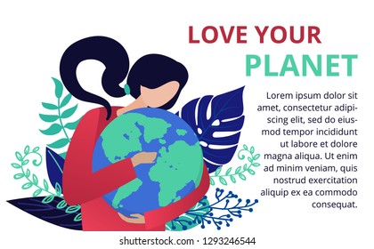 Vector illustration in flat style. Woman hug Earth planet. Save the planet, save energy, the concept of the Earth day. Can use for website, banners and brochure.