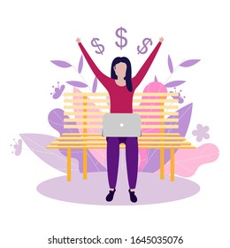 Vector illustration in flat style. Woman with laptop sitting on the bench in nature and leaves. Woman makes . Concept illustration for freelance, working, studying, education, work from home, healthy 