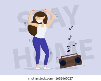 Ilustración vectorial en un estilo plano: mujer con mascarilla médica. La mujer está bailando. Música de la grabadora.