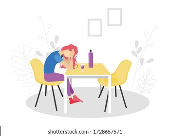 Ilustración vectorial en estilo plano. Una mujer está bebiendo vino mientras está sentada en una mesa. Problemas con el alcohol en mujeres. Estado deprimido en la esposa. Mujer solitaria bebiendo alcohol sola.