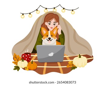 Ilustração vetorial em estilo plano de uma mulher e seu cachorro corgi acolhedor sob um cobertor usando um laptop cercado por abóboras e luzes de corda. Cena quente da noite do outono perfeita para temas de conforto, re