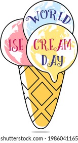 Vector illustration in flat style for World Ice Cream Day.
Ice cream three multi-colored balls with a drawing of the planet earth as a symbol of the world love of ice cream.