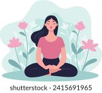 Vector illustration in flat style. Young happy woman doing yoga, meditating in lotus pose on flower background