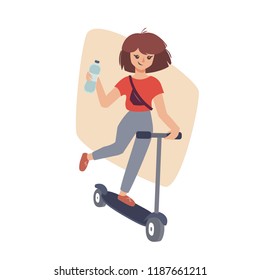 Vector illustration of a flat style young girl riding a scooter and drinking water. Youth leads a healthy lifestyle. For the design of banners, websites, articles, etc. about sports life and health.