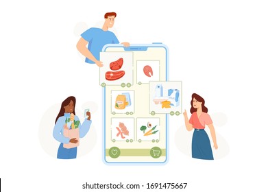 Vector illustration in flat style. Young women and man shopping online. Order grocery online. Quarantine. Different groceries. People character.  Order with smartphone. Fresh groceries. Shopping