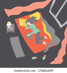 vector illustration in flat style of young romantic girl thoughtfully lies and strokes a cat. A young woman lies on a bed in bedroom near a bedside table with a lamp and a cup on table. A rug and slippers are lying on the floor.