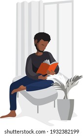 Vector illustration in flat style a young  black afro american man reads a book while sitting on the sofa by the window.