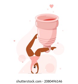 Vector illustration in flat style. Young African-American woman stands in an uncomfortable yoga position and holds menstrual cup on her leg.