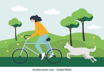 ilustración vectorial en estilo plano. una joven monta una bicicleta en los suburbios, un perro corre tras ella