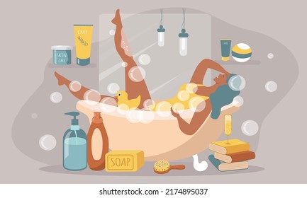 vector illustration in flat style - young beautiful woman takes a bubble bath