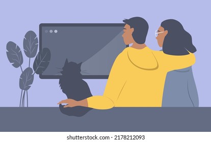 vector illustration in flat style. young man, woman and cat watching TV at home