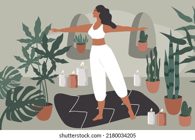 vector illustration in a flat style - a young  woman practices yoga among plants and candles