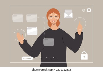 vector illustration in flat style. young woman sorting folders on a futuristic screen