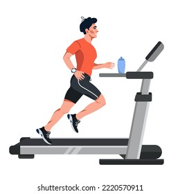 Vector illustration in a flat style with a young man running on a treadmill. Preparation for sports competitions. Sports, workouts, marathons, running.