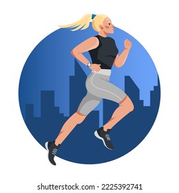 Vector illustration in a flat style with a young blonde woman running against the background of a night city. Preparation for sports competitions. Sports, training, running