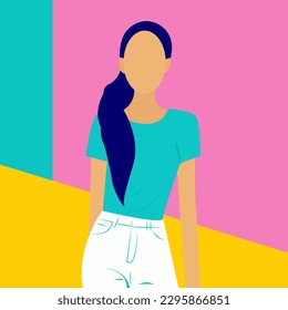 Vector illustration in a flat style, a young slender girl without a traced face in fashionable summer clothes on a bright background
