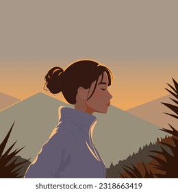 Vector illustration in a flat style. A young woman tourist in a comfortable sports jacket in the mountains, inhales the fresh air. Hiking concept, summer active vacation, hiking romance.
