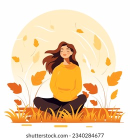 Vector illustration in a flat style, a young cartoon girl with freckles admires the falling yellow leaves. Autumn season.
