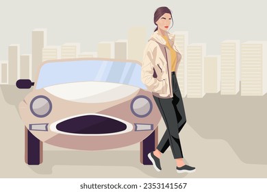 Vector illustration in a flat style. Young woman in a stylish jacket near a retro car. The concept of moving, tourism and travel.
