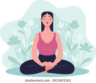 Vector illustration in flat style. Young happy woman doing yoga, meditation in lotus pose. Poster concept of healthy lifestyle and mental health