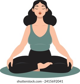 Vector illustration in flat style. Young happy woman doing yoga, meditation in lotus pose. Healthy lifestyle and mental health