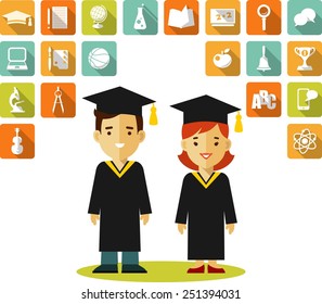 Vector illustration in flat style of young graduates and education icons