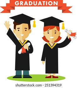 Vector illustration in flat style of young graduates woman and man character