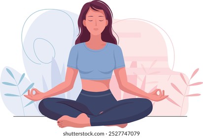 Vector Illustration in Flat Style of a Young Happy Woman Meditating in Yoga Pose, Promoting Relaxation and Mindfulness in a Minimalist Design