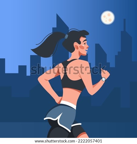 Vector illustration in a flat style with a young brunette girl running against the background of a night city. Preparation for sports competitions, endurance training, marathon, running