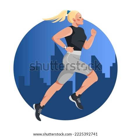 Vector illustration in a flat style with a young blonde woman running against the background of a night city. Preparation for sports competitions. Sports, training, running