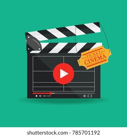 Vector illustration in flat style.Clapperboard isolated on background. Video movie clapper equipment, icon.