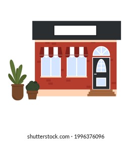 Ilustración vectorial en estilo plano.Café colorido con macetas