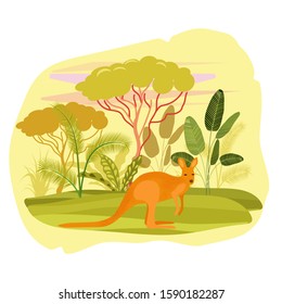 Vector illustration in flat style.Concepts of nature.Australian continent.Kangaroo on the background of trees and plants.