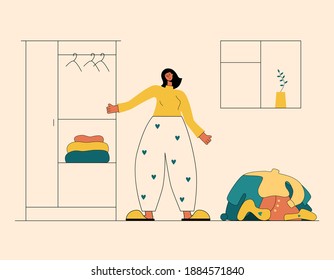 Vector illustration in flat style.Woman in pajamas and slippers stands between bunch of uncollected things and a neat closet. Cleaning and restoring order in closet.