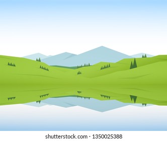 Vector illustration: Flat Summer Mountain Lake landscape with green hills and reflection. 