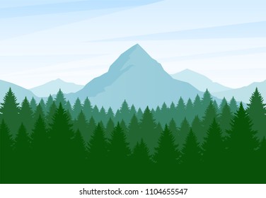 Vector illustration: Flat Summer Mountains landscape with pine forest and hills.