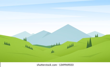 Vector Illustration: Flat Summer Mountains Landscape With Green Hills And Pines.