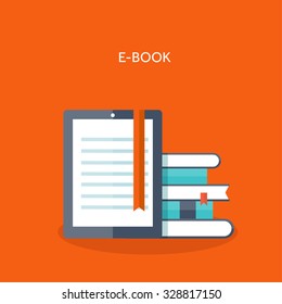 Vector illustration. Flat tablet. Virtual library. E-book, reading.