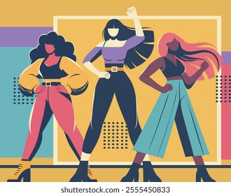 Vector illustration flat team of different women symbolizes strength, unity and movements for gender equality, women empowerment on bright background. Women's community, sisterhood, activists together