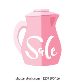 Vector illustration, flat teapot and sale hand drawn lettering in pastel pink colors. Applicable for promo banners, flyers, posters, web pages etc.
