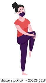 Vector illustration of a flat template design character of a woman doing yoga exercises during the Coronavirus pandemic. 3000 x 5000 pixels perfect. editable colors.