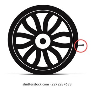 vector illustration Flat tire, flat tire. Nail or fasten a car tire. Red circles indicate nails