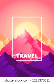 Vector illustration flat travel adventure climb to the top of the mountain poster. Silhouette nature mountains in morning and evening sun in modern colors.