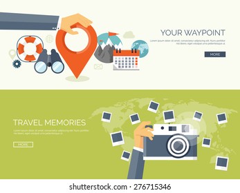 Vector illustration. Flat travel background. Map pointer and navigation. Trip and tickets. Photography.