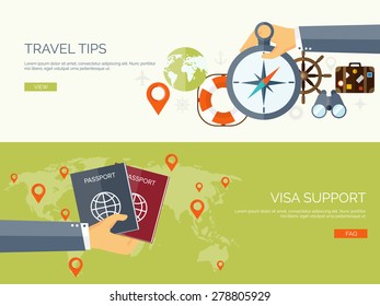 Vector illustration. Flat travel background. Tourism and visa support. Tour and trip. Summer holidays. Navigation.