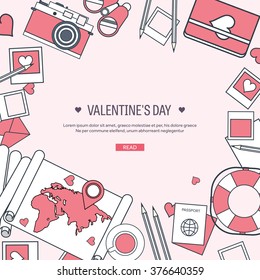 Vector illustration. Flat travel background with map, photocamera,papers. Love, hearts. Valentines day. Be my valentine. 14 february.  Message.