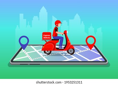 Vector illustration. Flat trending illustration for websites, magazines and apps. Courier on delivering.