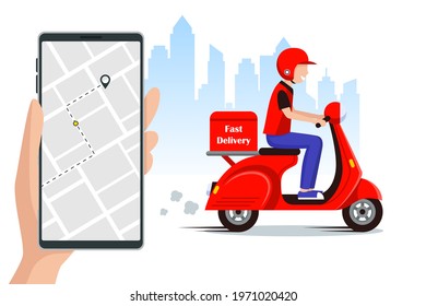 Vector illustration. Flat trending illustration for websites, magazines and apps. Courier on delivering.
