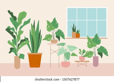 Vector illustration in flat trendy style - simple minimal interior with green decorative houseplants in pots and planters - urban jungle illustration 